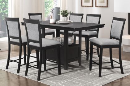 Charcoal Gray Finish 7pc Dining Counter Height Table with Base Storage and 6 Counter Height Chairs Set Casual Style Dining Kitchen Wooden Furniture